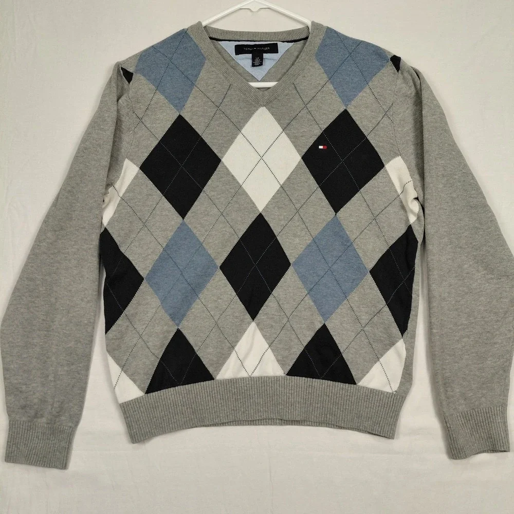 Tommy Hilfiger Size S Argyle V Neck Sweater Men Pullover Gray Blue Cotton Preppy